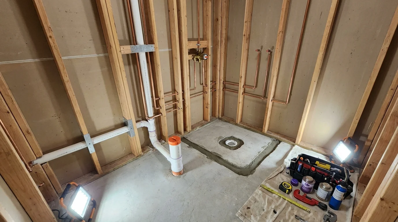 Bathroom rough-in plumbing during remodel by Johns Plumbing LLC in Roslyn Heights