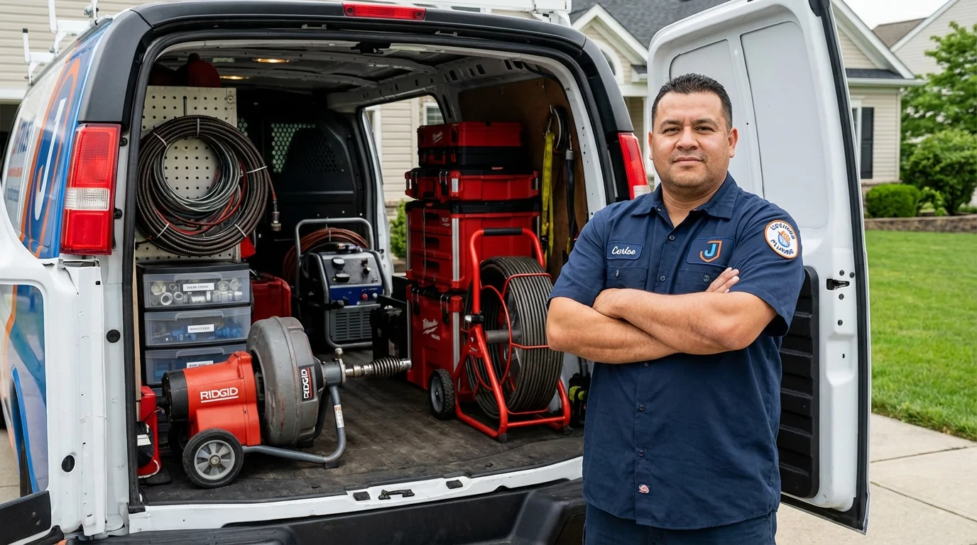 Professional drain cleaning equipment and Johns Plumbing LLC plumber in Roslyn Heights