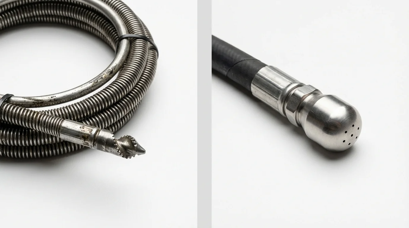 Drain snake cable and hydro jetting nozzle used for drain cleaning in Roslyn Heights, NY
