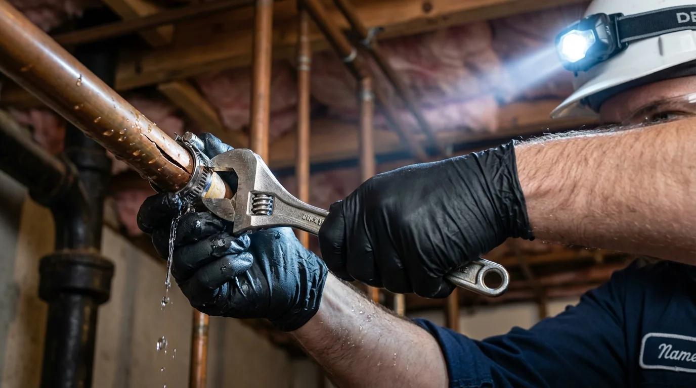 Emergency pipe clamp repair being performed by a Johns Plumbing LLC plumber in Roslyn Heights