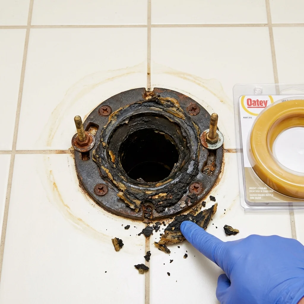 Failed wax ring showing water seepage at the base of a toilet in a Roslyn Heights, NY home
