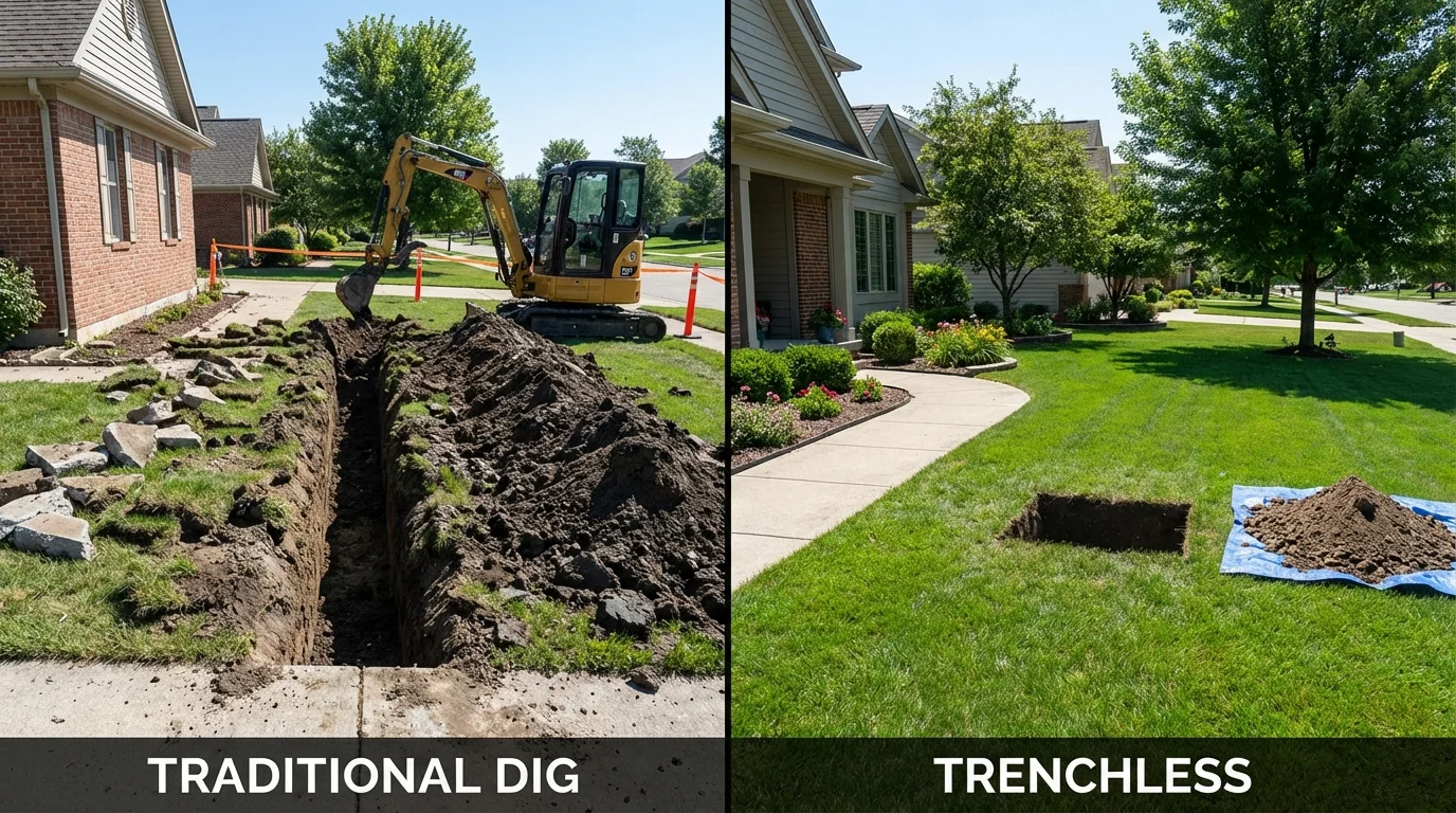 Trenchless sewer repair with minimal yard damage versus traditional excavation in Roslyn Heights, NY