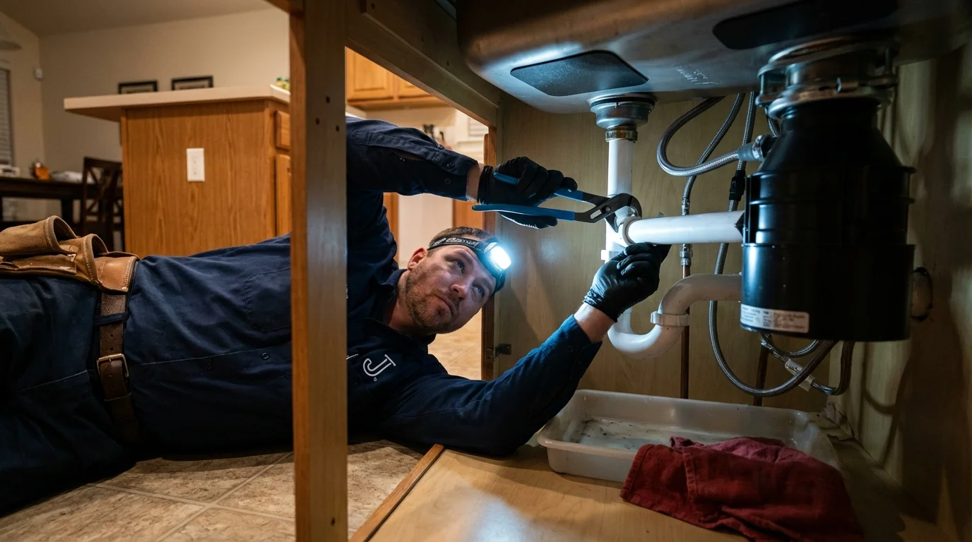 P-trap and supply line connections under a kitchen sink showing a common leak point in Roslyn Heights, NY